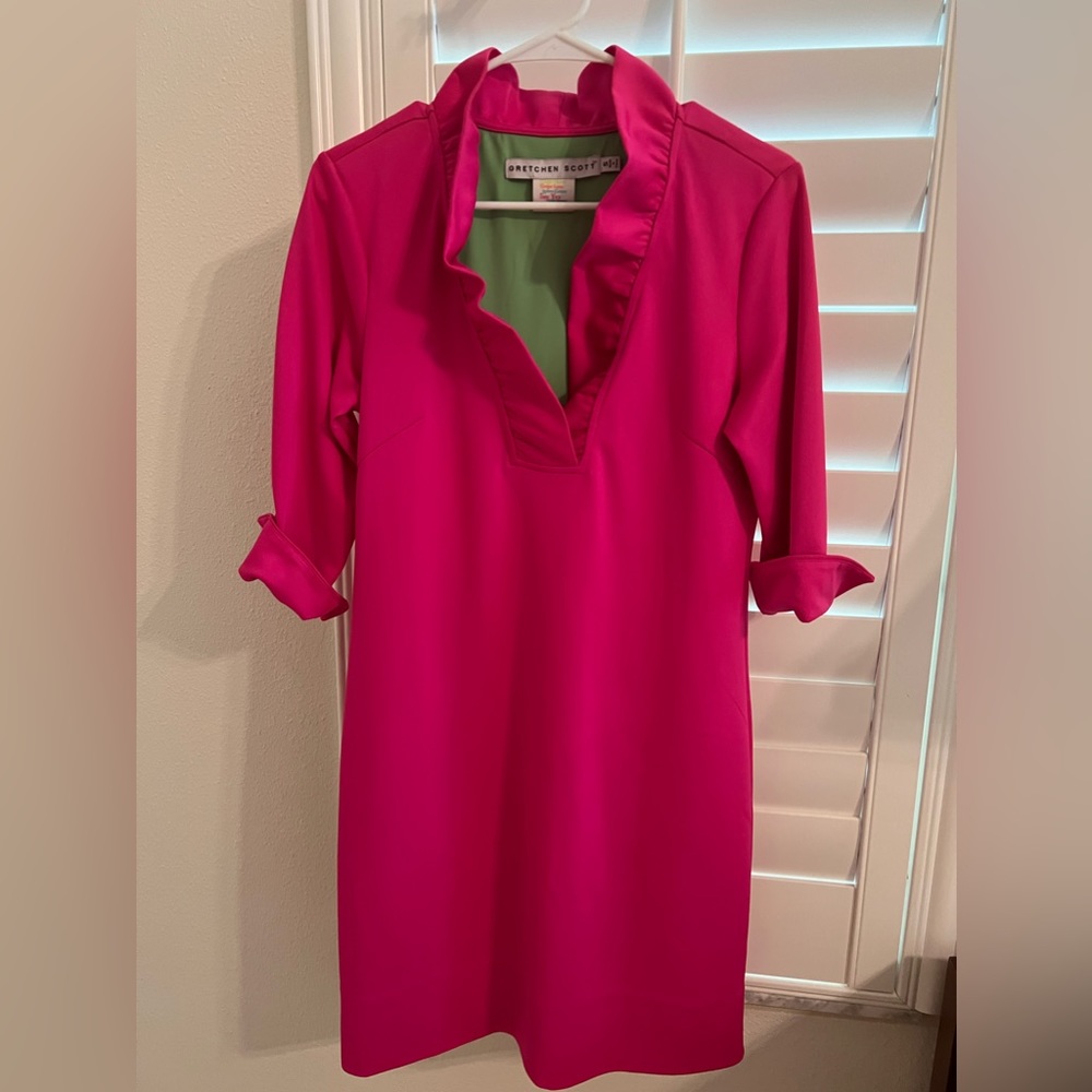 Gretchen Scott pink ruffle neck dress. Excellent condition